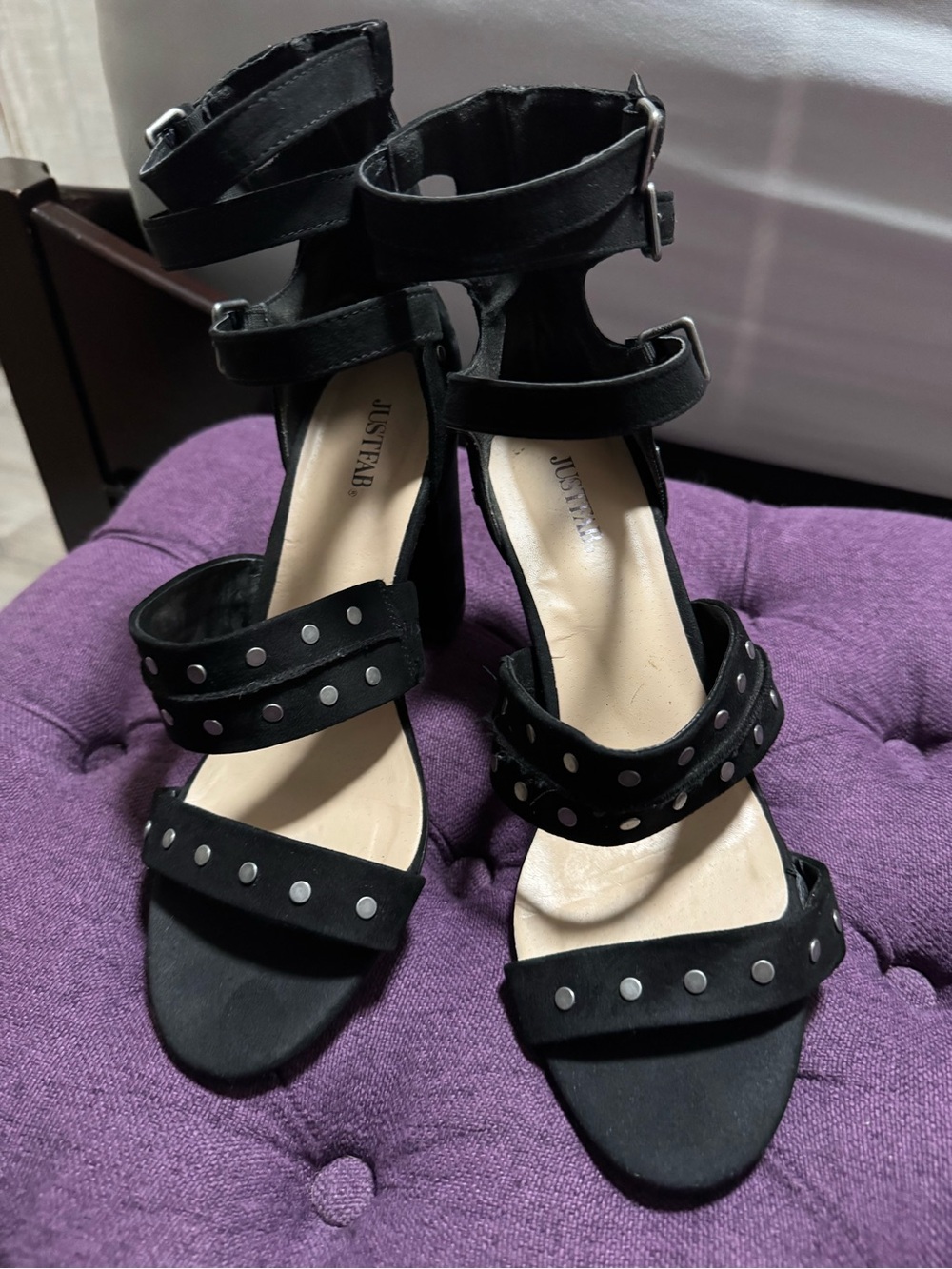 JustFab Black Studded Triple-Strap Heels